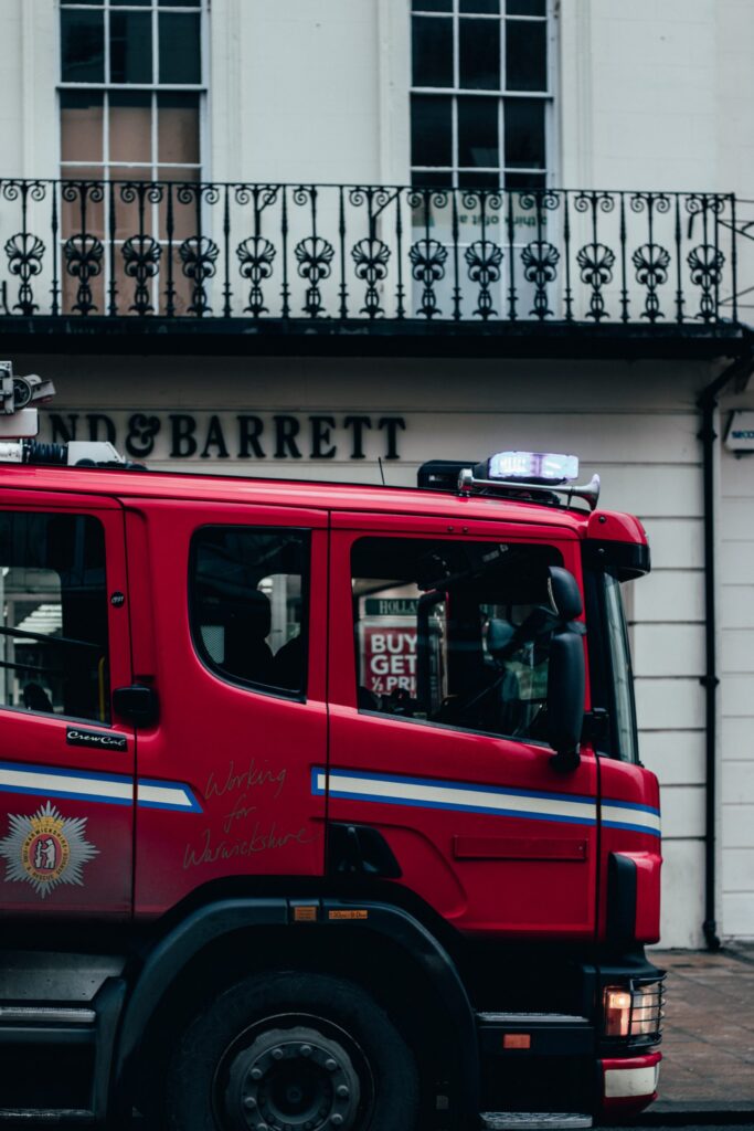 Fire engine outside shop